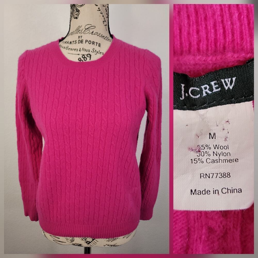 J. Crew Sweater Womens Sz Medium Fitted Wool Cashmere Cable Knit Crewneck Pink